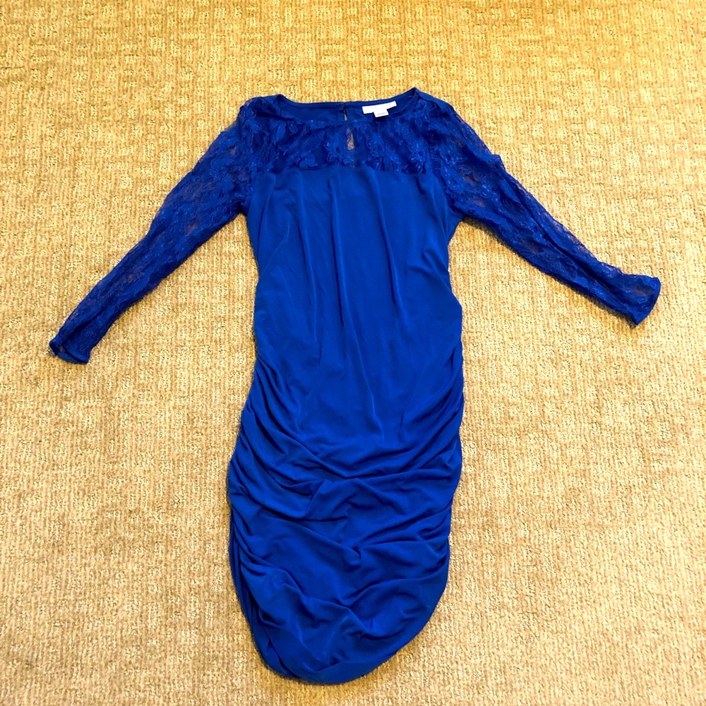 Maternity dress, royal blue with lace, fitted, M